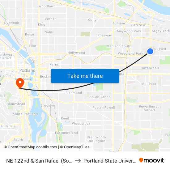 NE 122nd & San Rafael (South) to Portland State University map