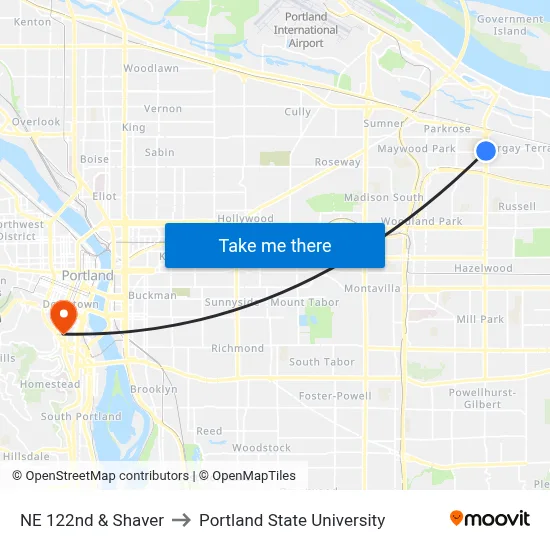 NE 122nd & Shaver to Portland State University map