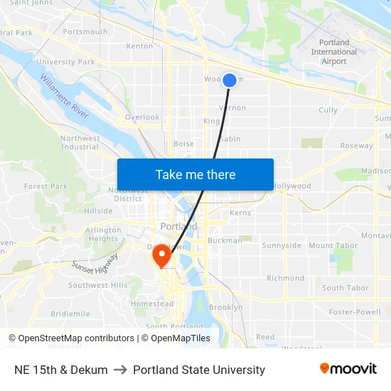 NE 15th & Dekum to Portland State University map