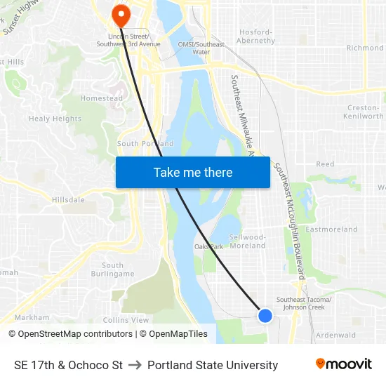 SE 17th & Ochoco St to Portland State University map
