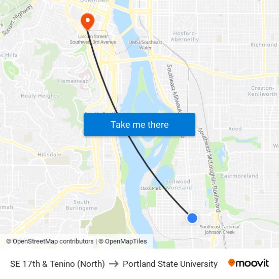 SE 17th & Tenino (North) to Portland State University map