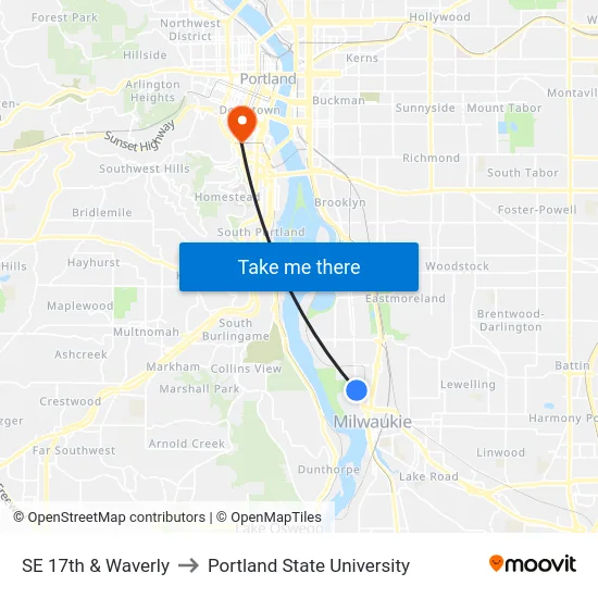 SE 17th & Waverly to Portland State University map