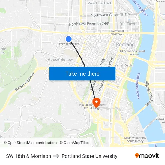 SW 18th & Morrison to Portland State University map