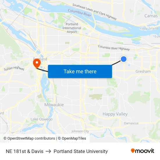 NE 181st & Davis to Portland State University map