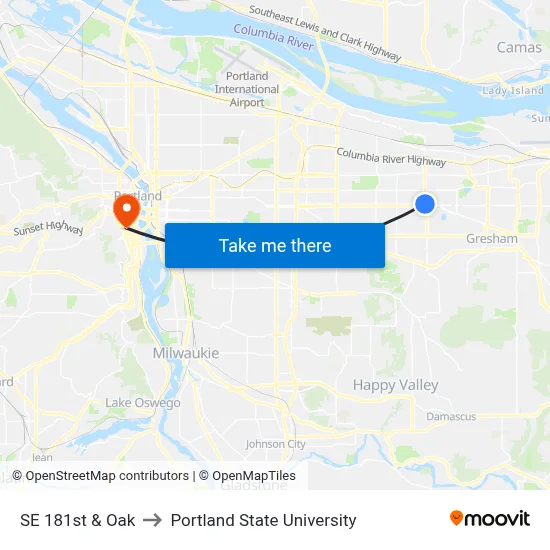 SE 181st & Oak to Portland State University map