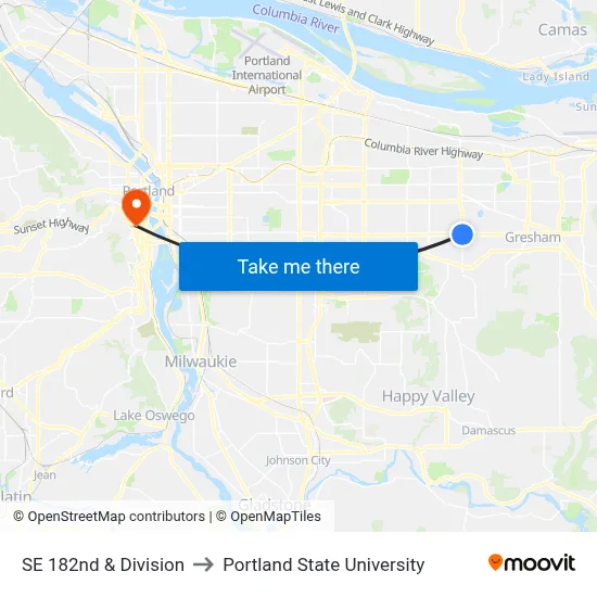 SE 182nd & Division to Portland State University map