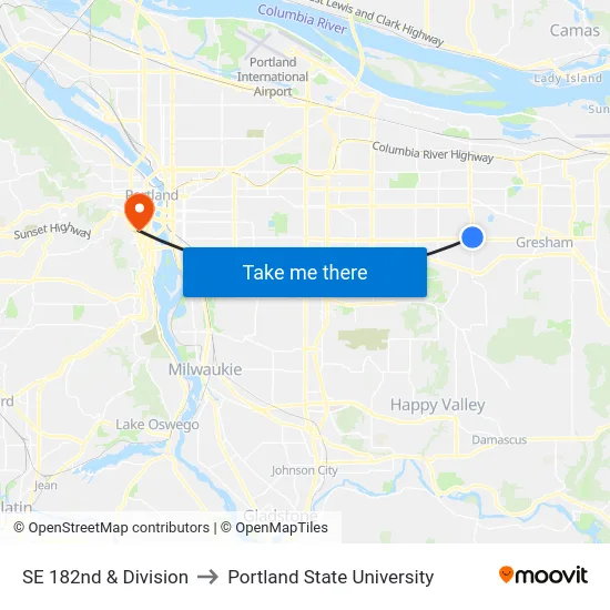 SE 182nd & Division to Portland State University map