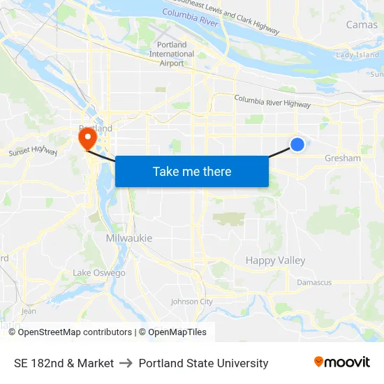 SE 182nd & Market to Portland State University map