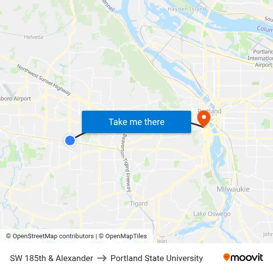 SW 185th & Alexander to Portland State University map