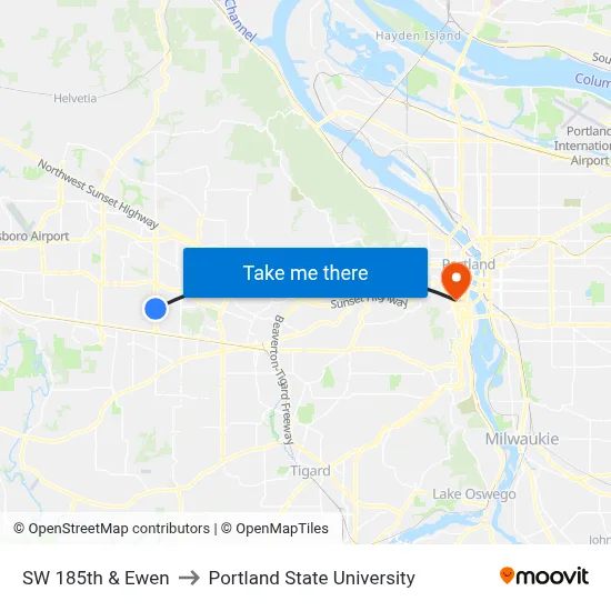 SW 185th & Ewen to Portland State University map