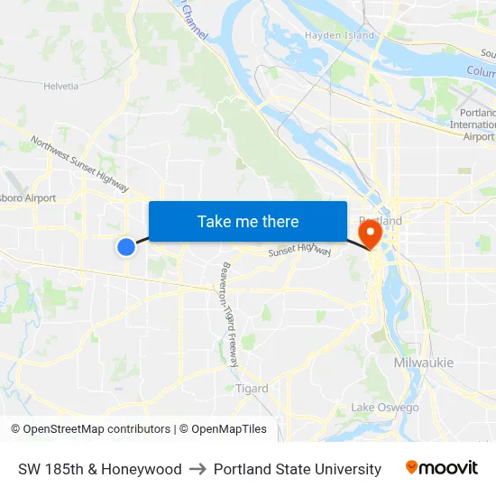 SW 185th & Honeywood to Portland State University map
