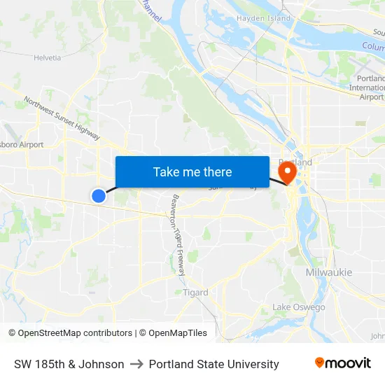 SW 185th & Johnson to Portland State University map