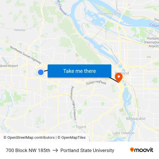 700 Block NW 185th to Portland State University map