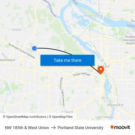 NW 185th & West Union to Portland State University map