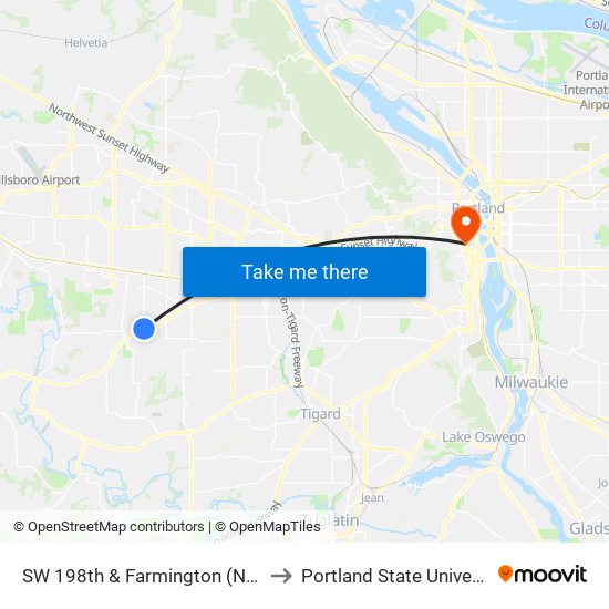 SW 198th & Farmington (North) to Portland State University map