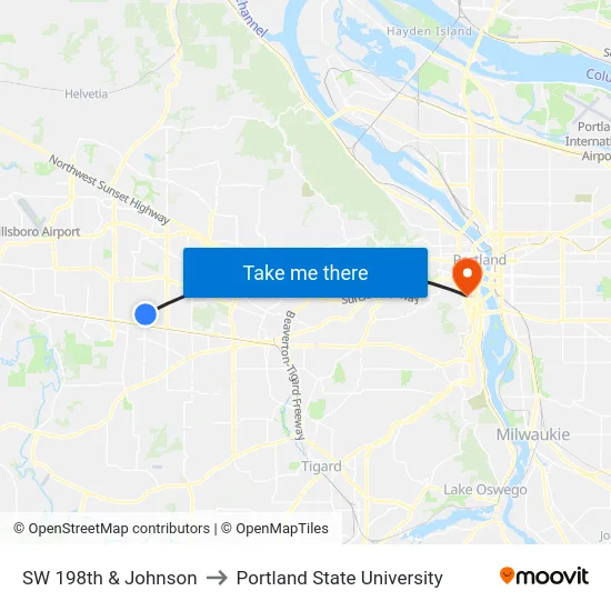 SW 198th & Johnson to Portland State University map