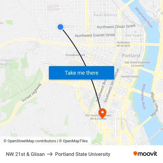 NW 21st & Glisan to Portland State University map