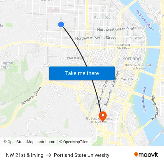 NW 21st & Irving to Portland State University map