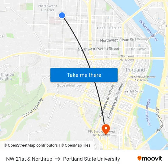 NW 21st & Northrup to Portland State University map