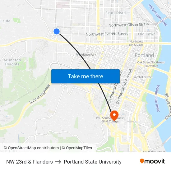 NW 23rd & Flanders to Portland State University map