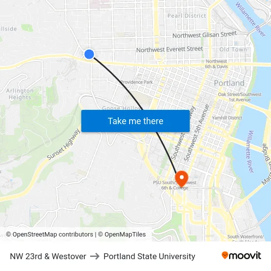 NW 23rd & Westover to Portland State University map