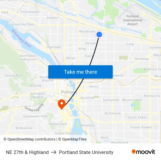 NE 27th & Highland to Portland State University map