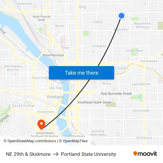 NE 29th & Skidmore to Portland State University map