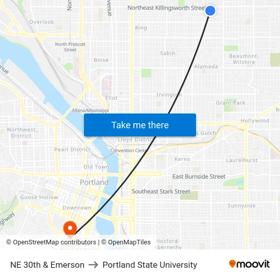 NE 30th & Emerson to Portland State University map