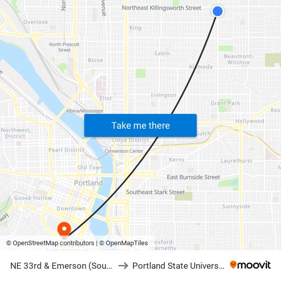 NE 33rd & Emerson (South) to Portland State University map