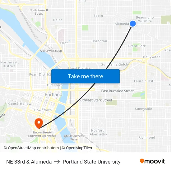 NE 33rd & Alameda to Portland State University map