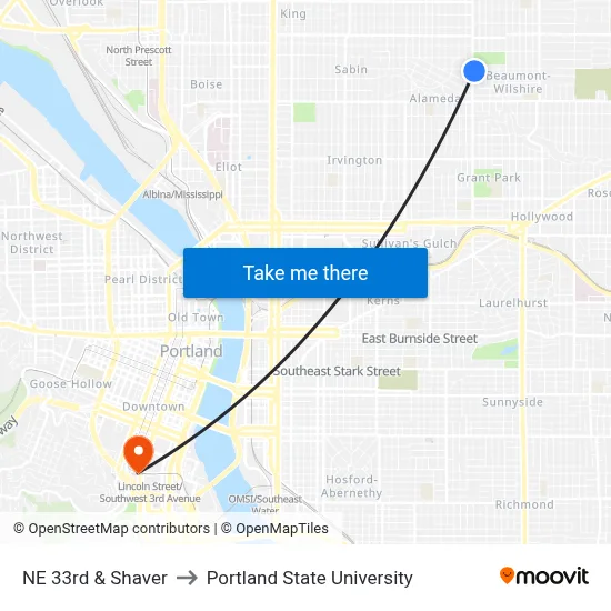 NE 33rd & Shaver to Portland State University map