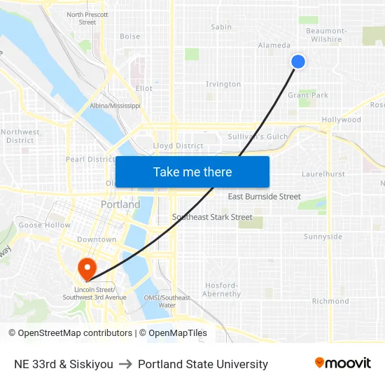 NE 33rd & Siskiyou to Portland State University map