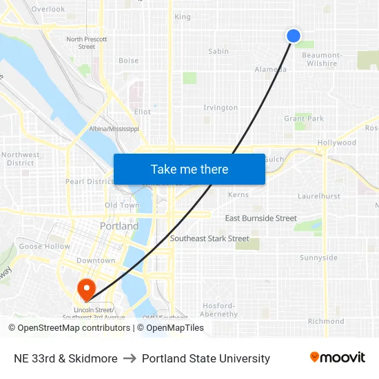 NE 33rd & Skidmore to Portland State University map