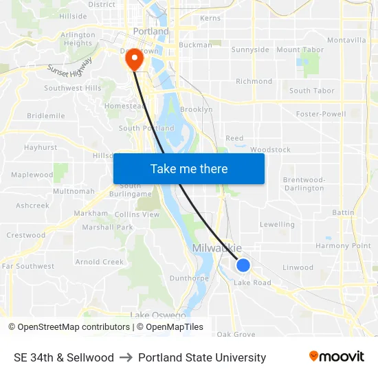 SE 34th & Sellwood to Portland State University map