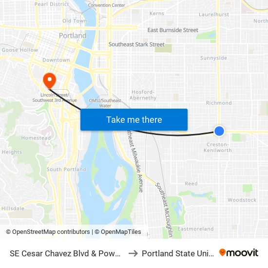 SE Cesar Chavez Blvd & Powell (North) to Portland State University map