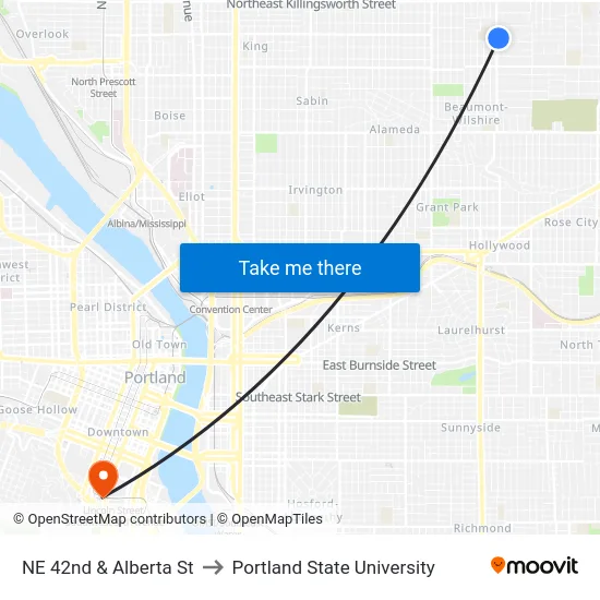 NE 42nd & Alberta St to Portland State University map