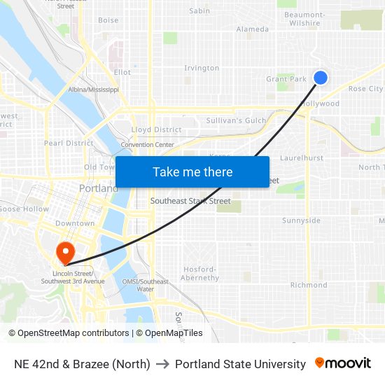 NE 42nd & Brazee (North) to Portland State University map