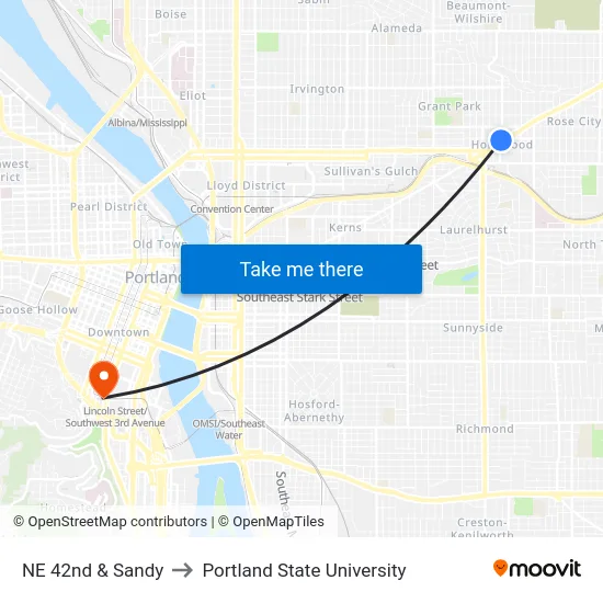 NE 42nd & Sandy to Portland State University map