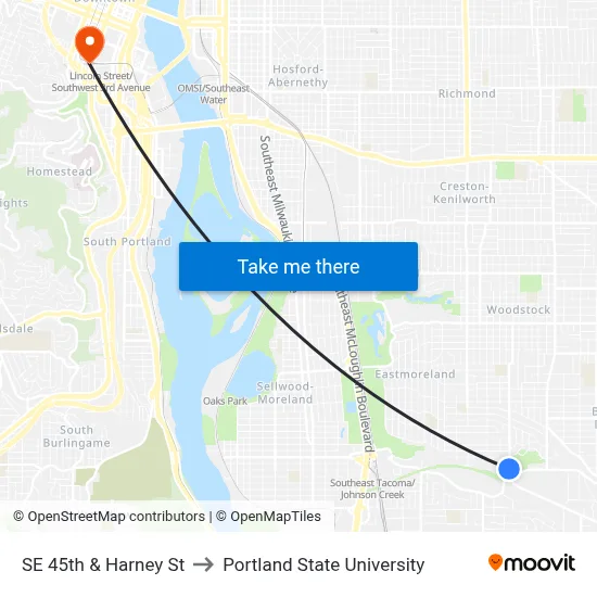 SE 45th & Harney St to Portland State University map