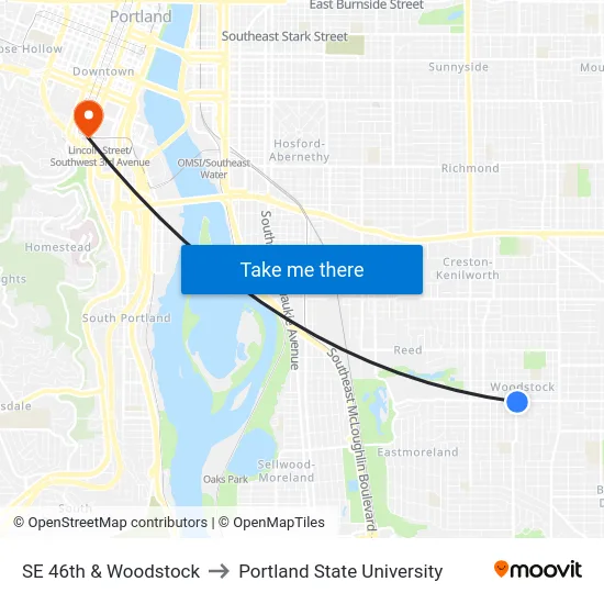 SE 46th & Woodstock to Portland State University map