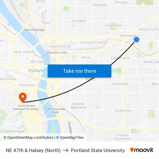 NE 47th & Halsey (North) to Portland State University map