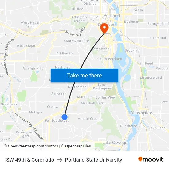 SW 49th & Coronado to Portland State University map