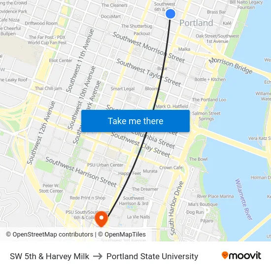 SW 5th & Harvey Milk to Portland State University map