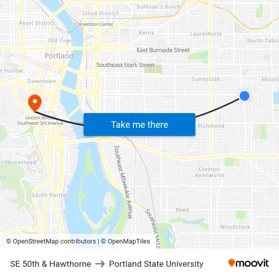 SE 50th & Hawthorne to Portland State University map