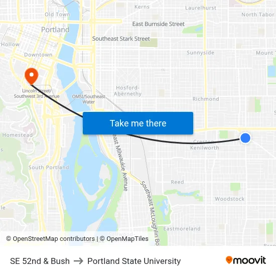 SE 52nd & Bush to Portland State University map