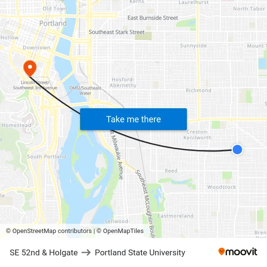 SE 52nd & Holgate to Portland State University map