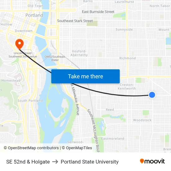 SE 52nd & Holgate to Portland State University map