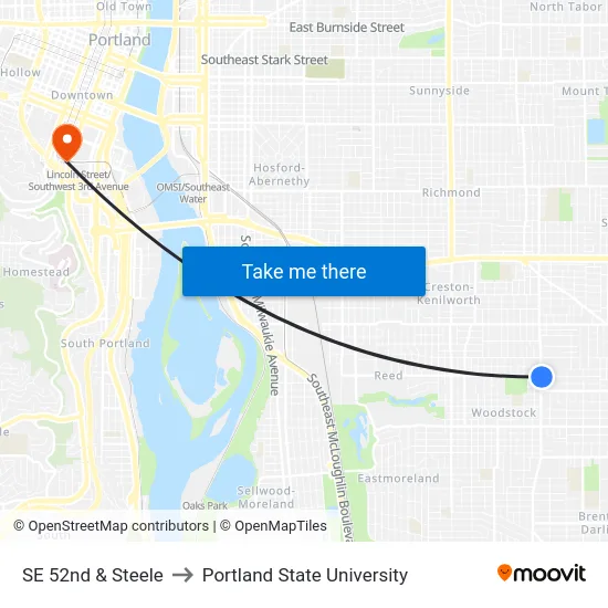 SE 52nd & Steele to Portland State University map