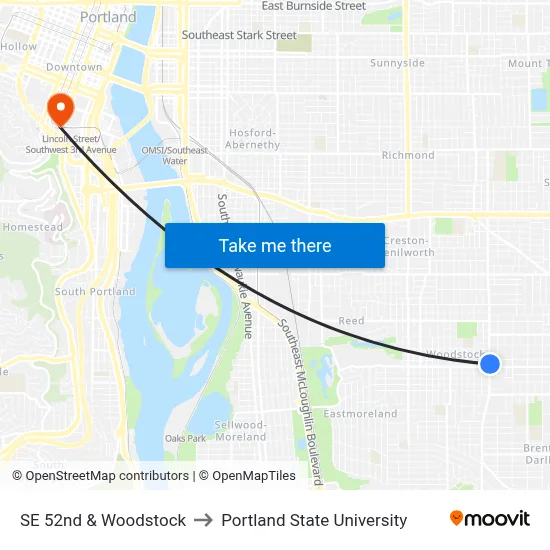 SE 52nd & Woodstock to Portland State University map