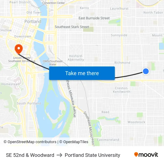 SE 52nd & Woodward to Portland State University map